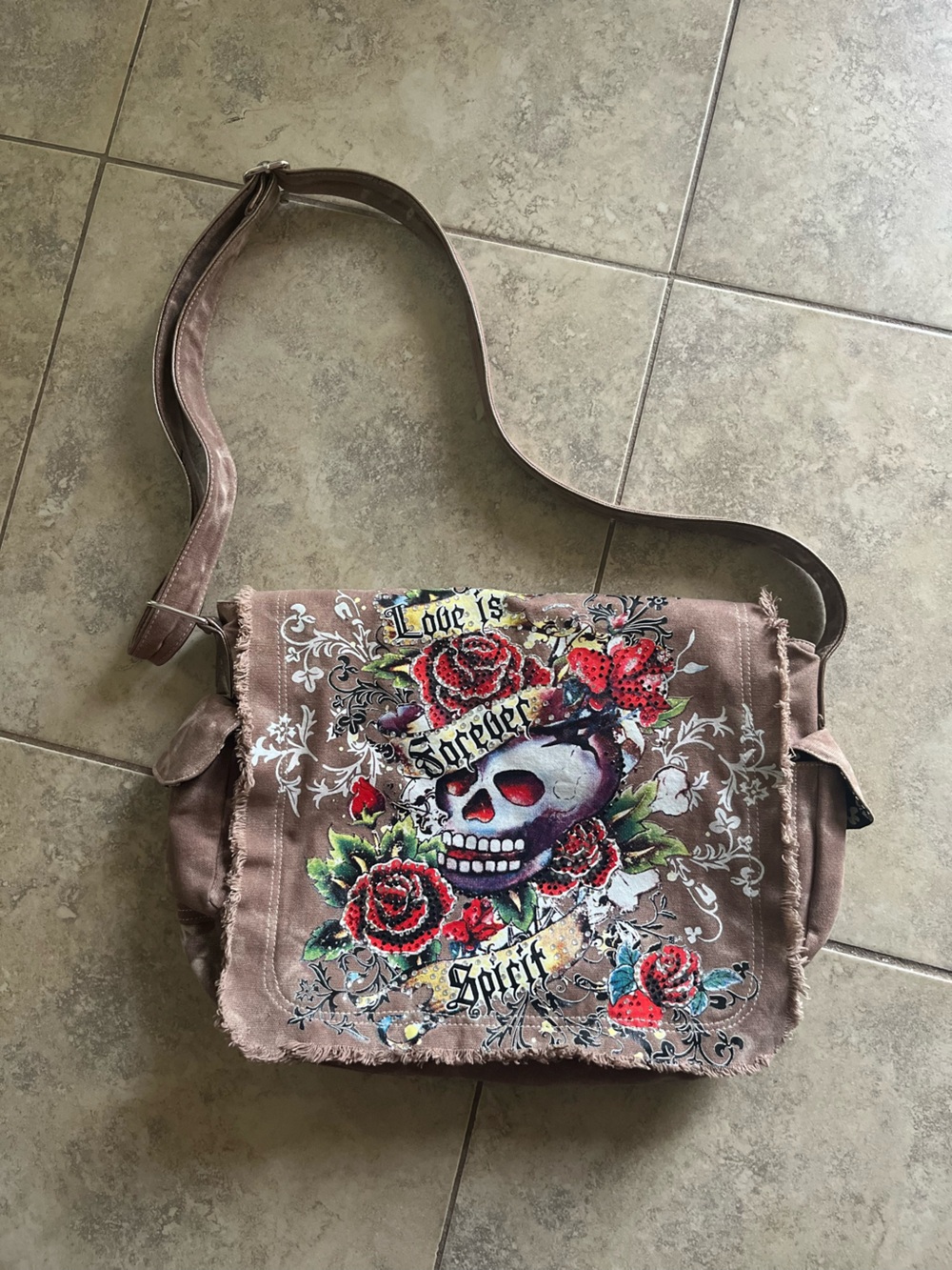 Ed Hardy Brown “Love is Forever Spirit” skull & Roses Crossbody Bag Y2K
